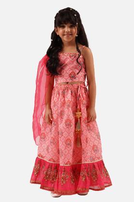 printed cotton girls lehenga choli set - pink