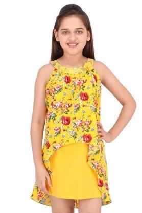 printed cotton knit & georgette round neck girls casual dress - yellow