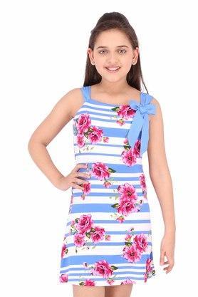 printed cotton knit square neck girls casual wear dress - blue