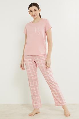 printed cotton knit women's top & pyjama set - blush