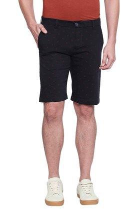printed cotton lycra zip closure men's shorts - navy