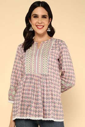 printed cotton mandarin women's festive wear kurti - lilac