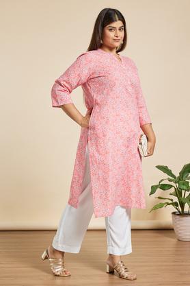 printed cotton mandarin women's kurtas - pink