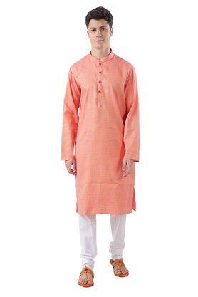 printed cotton men's casual wear kurta pyjama set - orange