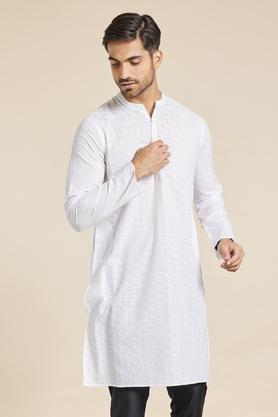 printed cotton mens casual wear kurta - white