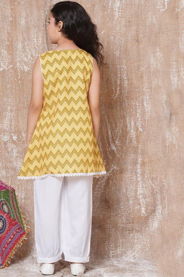 printed cotton regular fit girls kurta set - yellow