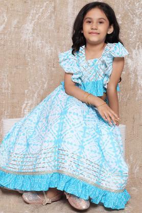 printed cotton regular fit girls lehenga choli set - blue