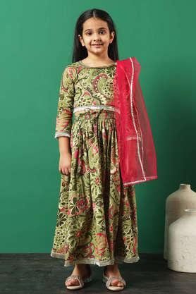 printed cotton regular fit girls lehenga choli set - green
