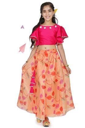 printed cotton regular fit girls lehenga choli set - pink
