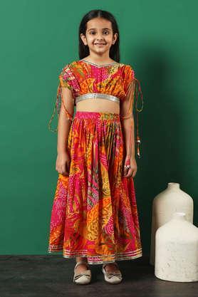printed cotton regular fit girls lehenga choli set - pink