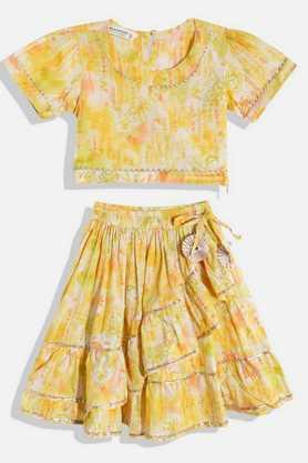 printed cotton regular fit girls lehenga choli set - yellow