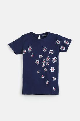printed cotton regular fit girls t-shirt - navy