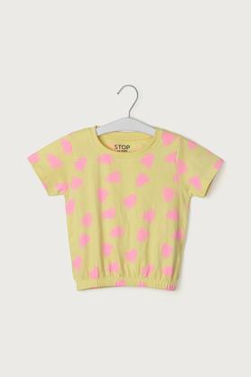 printed cotton regular fit girls top - yellow