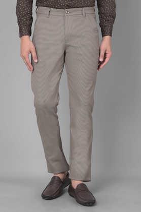 printed cotton regular fit men's casual trousers - brown