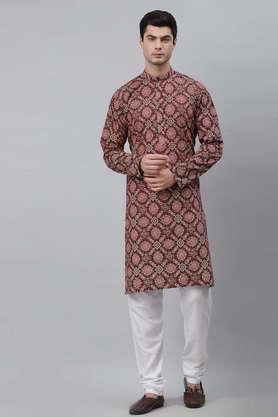 printed cotton regular fit men's kurta - maroon