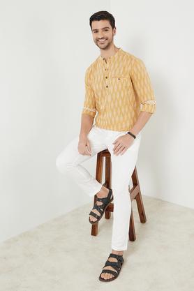printed cotton regular fit men's short kurta - yellow