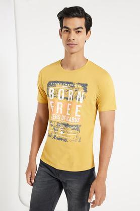 printed cotton regular fit men's t-shirt - mustard