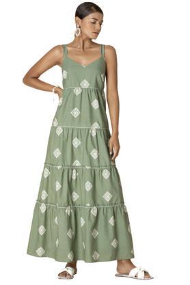 printed cotton regular fit women's maxi dress - green