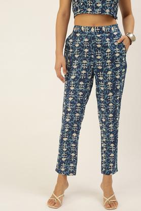 printed cotton regular fit women's pants - indigo
