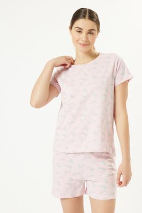 printed cotton regular fit women's top & shorts set - pink