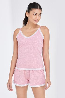 printed cotton regular neck womens top and shorts set - pink