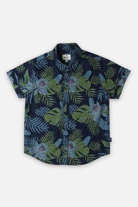 printed cotton round neck boys shirt - indigo