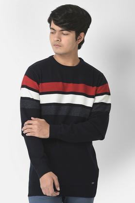 printed cotton round neck boys sweater - navy