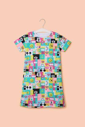 printed cotton round neck girl's casual wear dress - multi