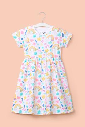 printed cotton round neck girl's casual wear dress - white