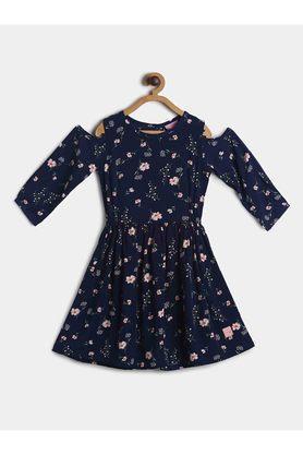 printed cotton round neck girls casual dress - blue