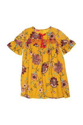 printed cotton round neck girls casual wear dress - yellow