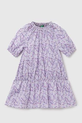 printed cotton round neck girls dress - lilac