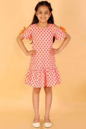 printed cotton round neck girls dress - orange