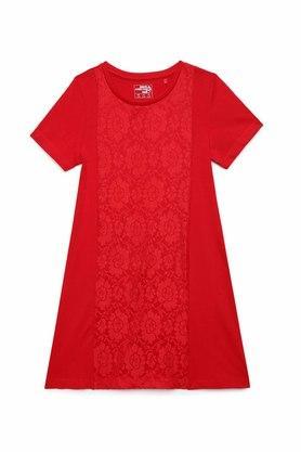 printed cotton round neck girls fusion wear dresses - red