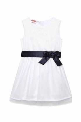printed cotton round neck girls fusion wear dresses - white