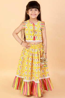 printed cotton round neck girls ghagra choli set - yellow