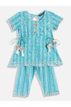 printed cotton round neck girls kurta pyjama set - blue
