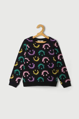 printed cotton round neck girls sweatshirt - black