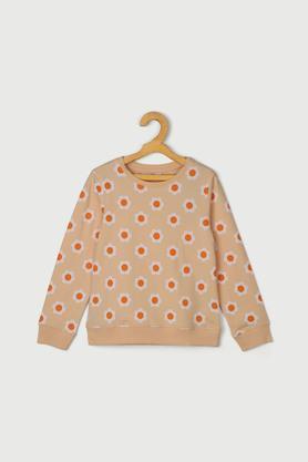printed cotton round neck girls sweatshirt - peach