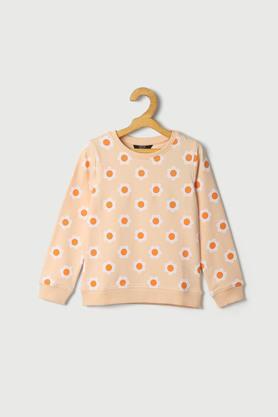 printed cotton round neck girls sweatshirt - peach