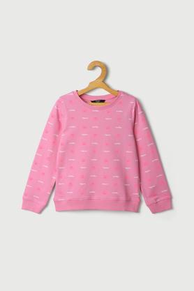 printed cotton round neck girls sweatshirt - pink