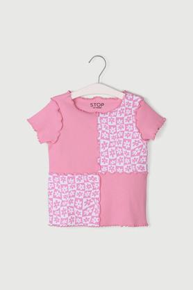 printed cotton round neck girls top - pink