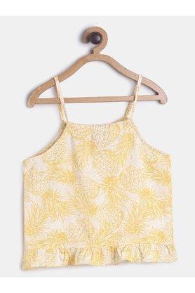 printed cotton round neck girls top - yellow