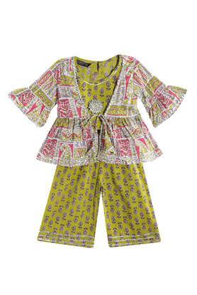printed cotton round neck girls top and palazzo with jacket - green