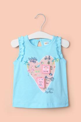 printed cotton round neck infant girl's t-shirt - aqua