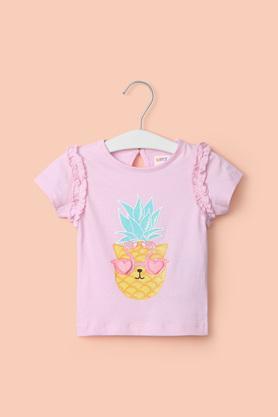 printed cotton round neck infant girl's t-shirt - pink