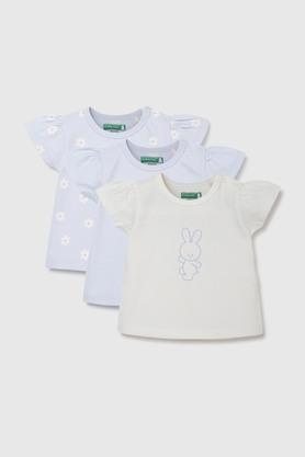 printed cotton round neck infant girls t-shirt - blue
