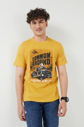 printed cotton round neck men's t-shirt - mustard