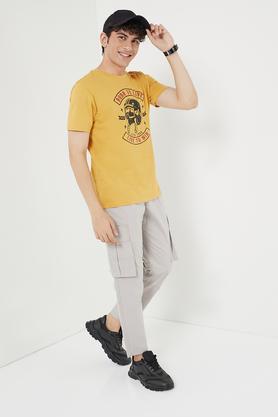 printed cotton round neck men's t-shirt - mustard
