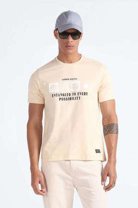 printed cotton round neck men's t-shirt - natural